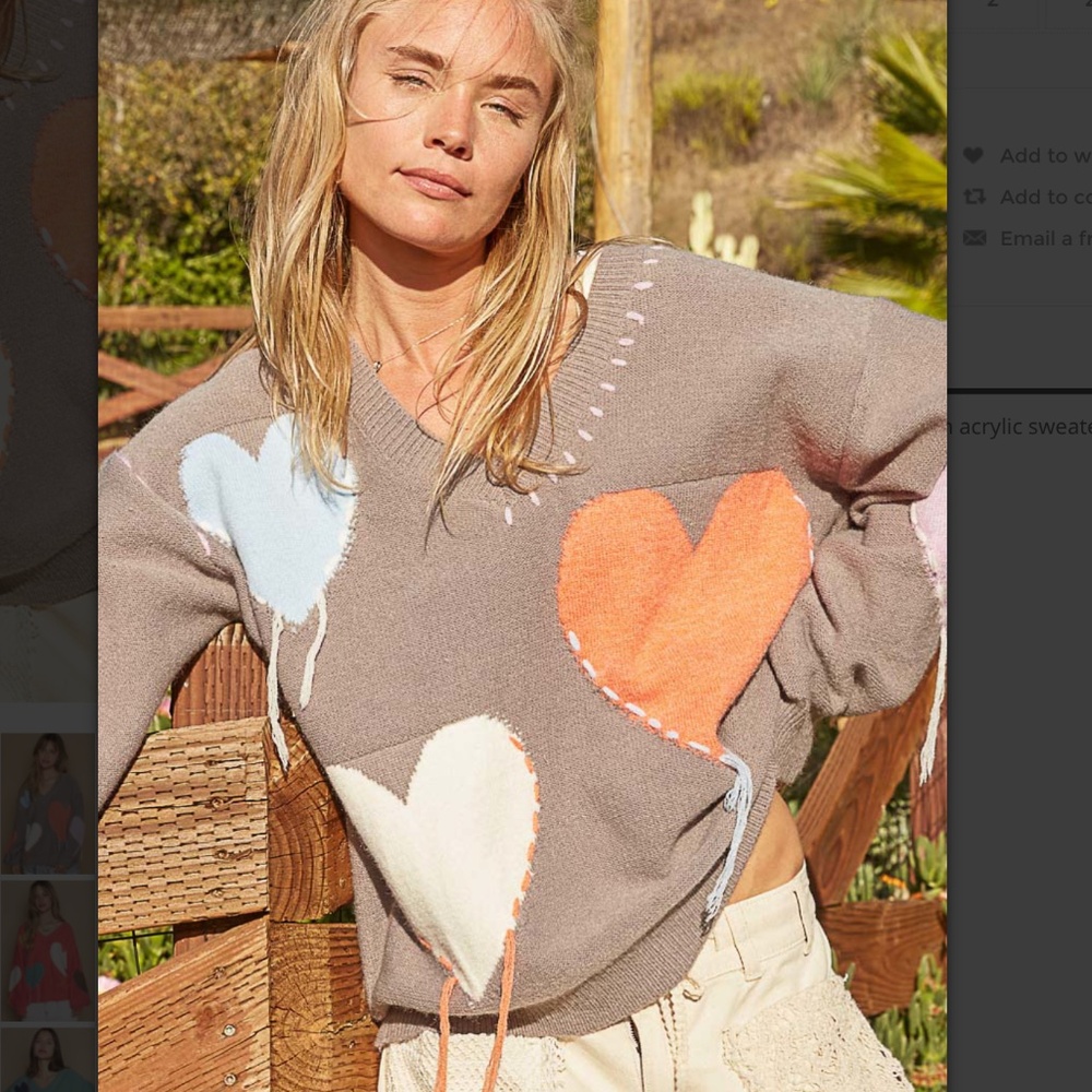 POL top Taupe V-Neck Sweater with Orange, Cream, and Light Blue Hearts POL NEW